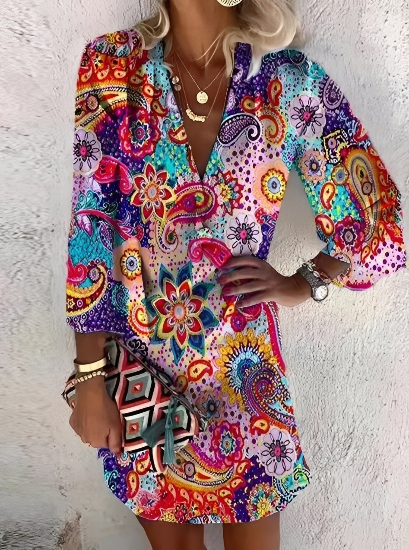 Damen Minikleid Boho-Stil Leicht Sommerlook Mehrfarbig