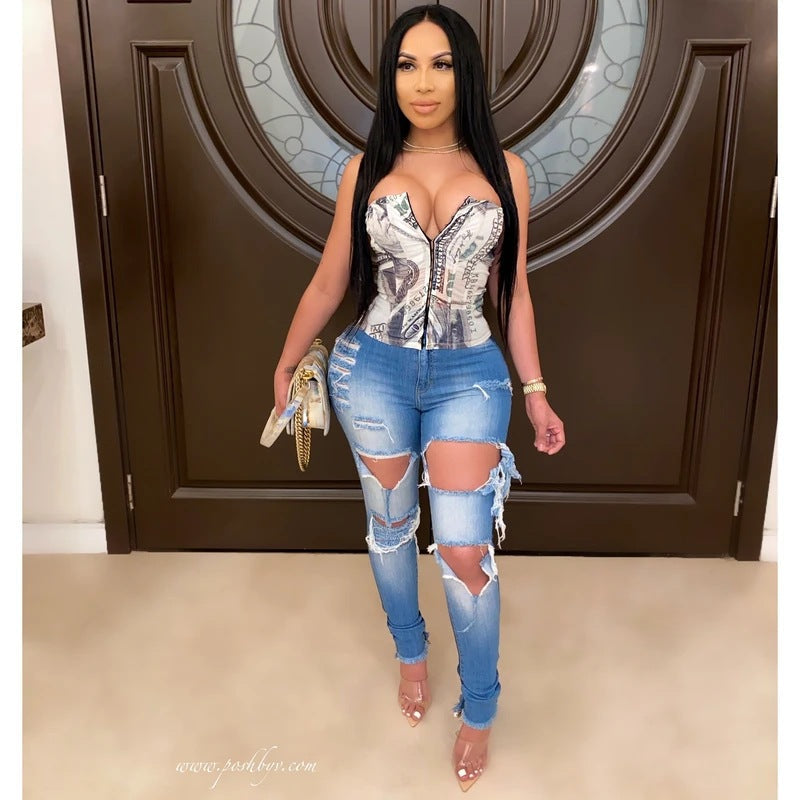 Damen Skinny Jeans Destroyed High Waist Eveloria