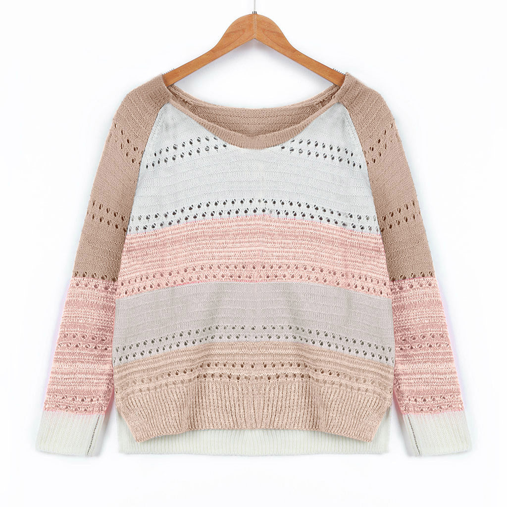 Damen Strickpullover Streifenmuster Feinloch