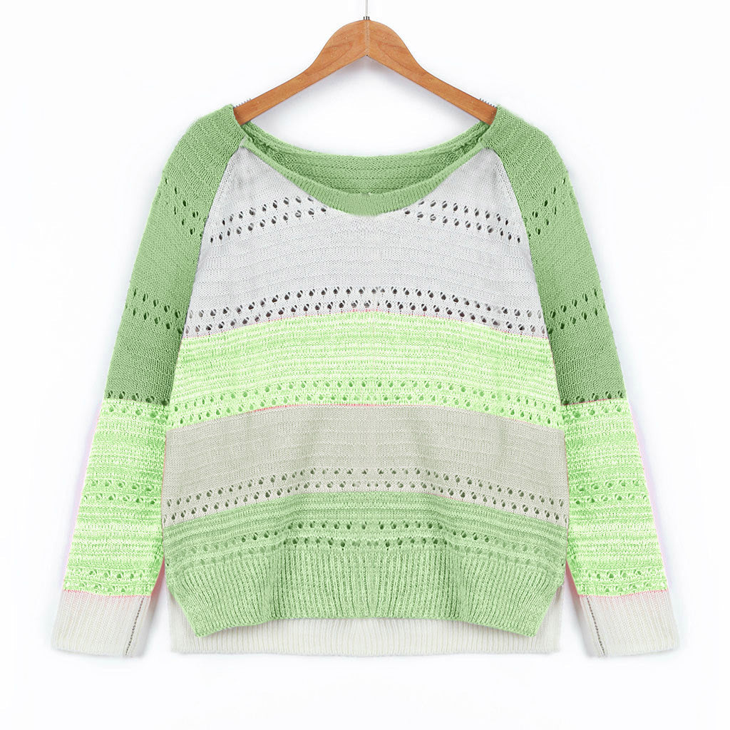 Damen Strickpullover Streifenmuster Feinloch