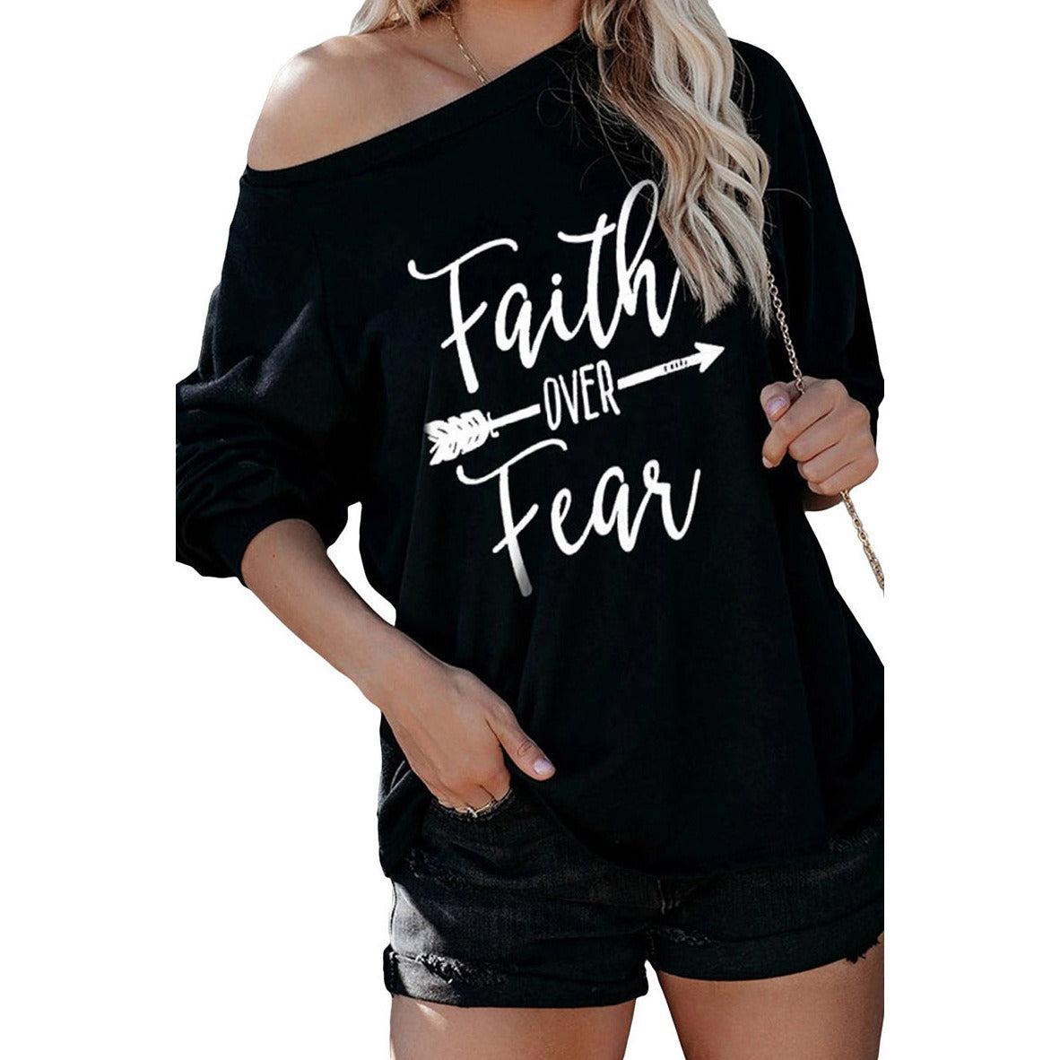 Damen Sweatshirt Off-Shoulder Motivdruck Eveloria