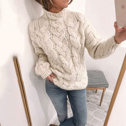 Damen Strickpullover Zopfmuster Hochkragen Eveloria
