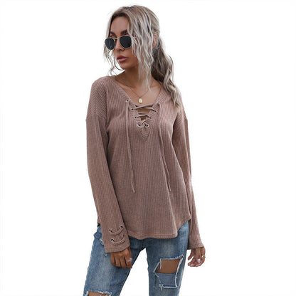 Damen Pullover Lässig Schnürung Locker Grün Eveloria