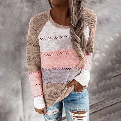 Damen Strickpullover Streifenmuster Feinloch