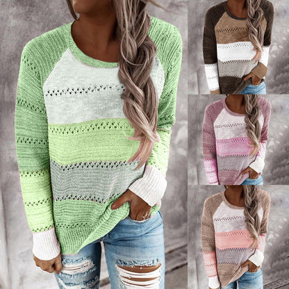 Damen Strickpullover Streifenmuster Feinloch Schwarz - Eveloria