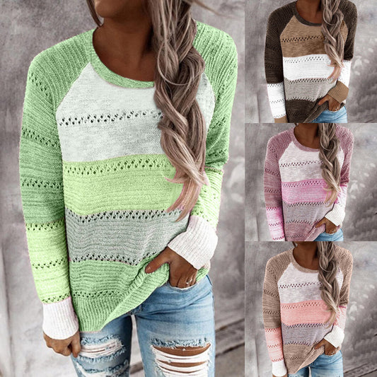 Damen Strickpullover Streifenmuster Feinloch Schwarz - Eveloria