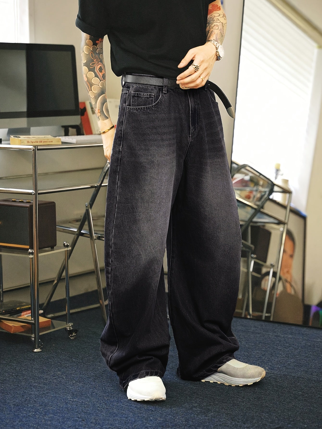 Herren Baggy Jeans Gerades Bein Weite Passform Blau - Eveloria