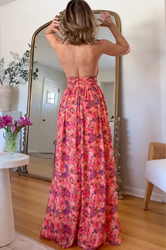 Ärmelloses Damenmaxikleid Blumenprint Neckholder Sommerkleid