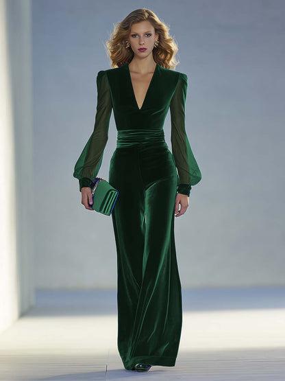 Damen Samt-Jumpsuit V-Ausschnitt Elegent