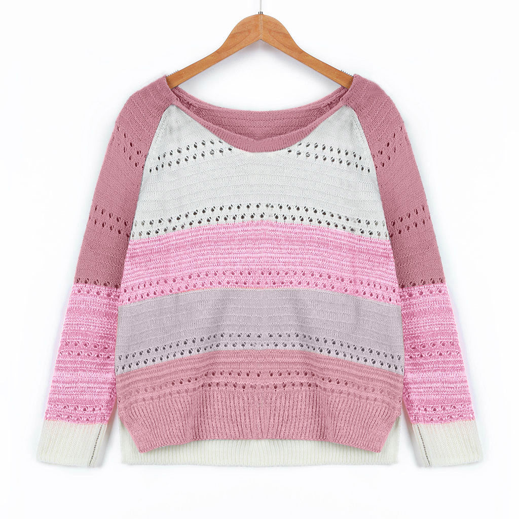 Damen Strickpullover Streifenmuster Feinloch