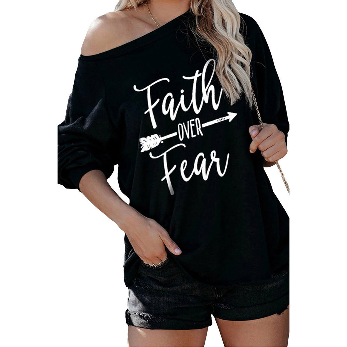 Damen Sweatshirt Off-Shoulder Motivdruck Eveloria