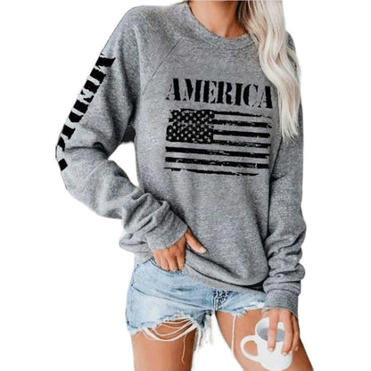 Damen Sweatshirt American Flag Print Lässig Grau Eveloria