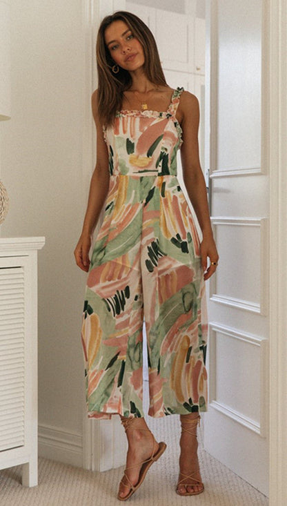 Damen Jumpsuit Aquarellmuster Träger Qualität Bunt
