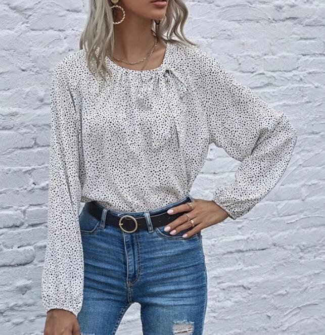 Damen Bluse Allover-Muster Rüschendetail Eveloria
