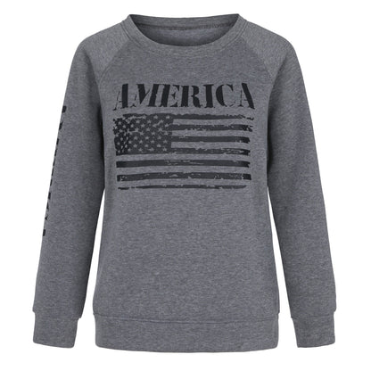 Damen Sweatshirt American Flag Print Lässig Grau Eveloria