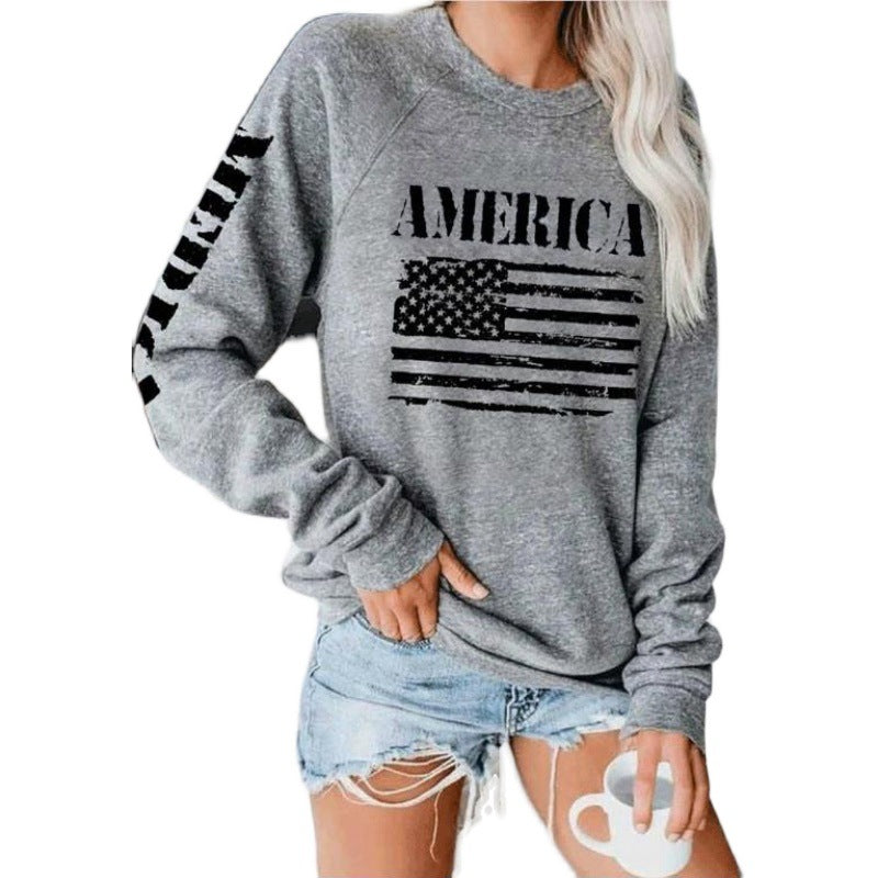 Damen Sweatshirt American Flag Print Lässig Grau Eveloria