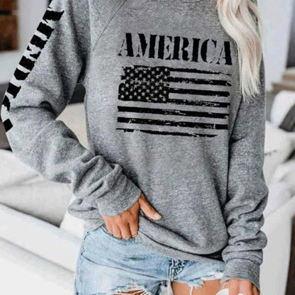 Damen Sweatshirt American Flag Print Lässig Grau Eveloria - Eveloria