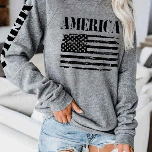 Damen Sweatshirt American Flag Print Lässig Grau Eveloria - Eveloria
