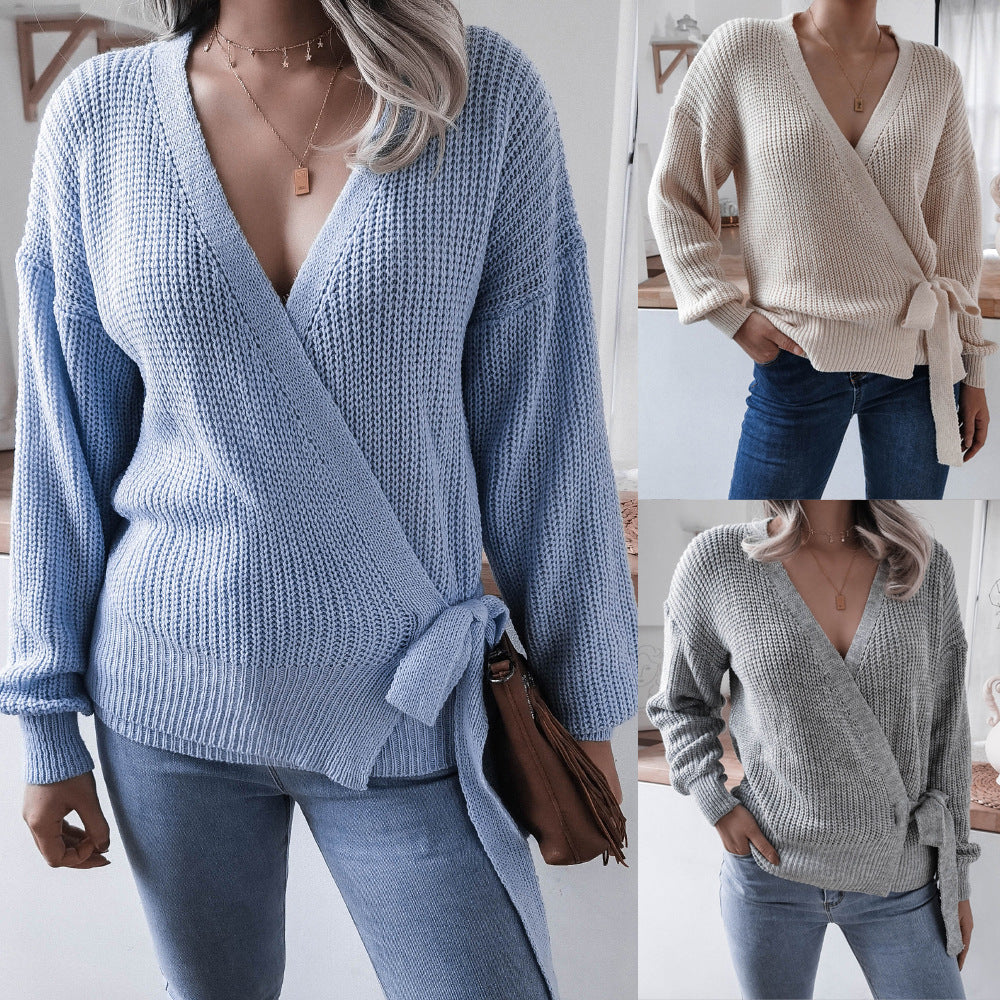 Damen Wickelpullover Strukturiertes Strickdesign mit Bindeband - Eveloria