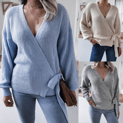 Damen Wickelpullover Strukturiertes Strickdesign mit Bindeband - Eveloria