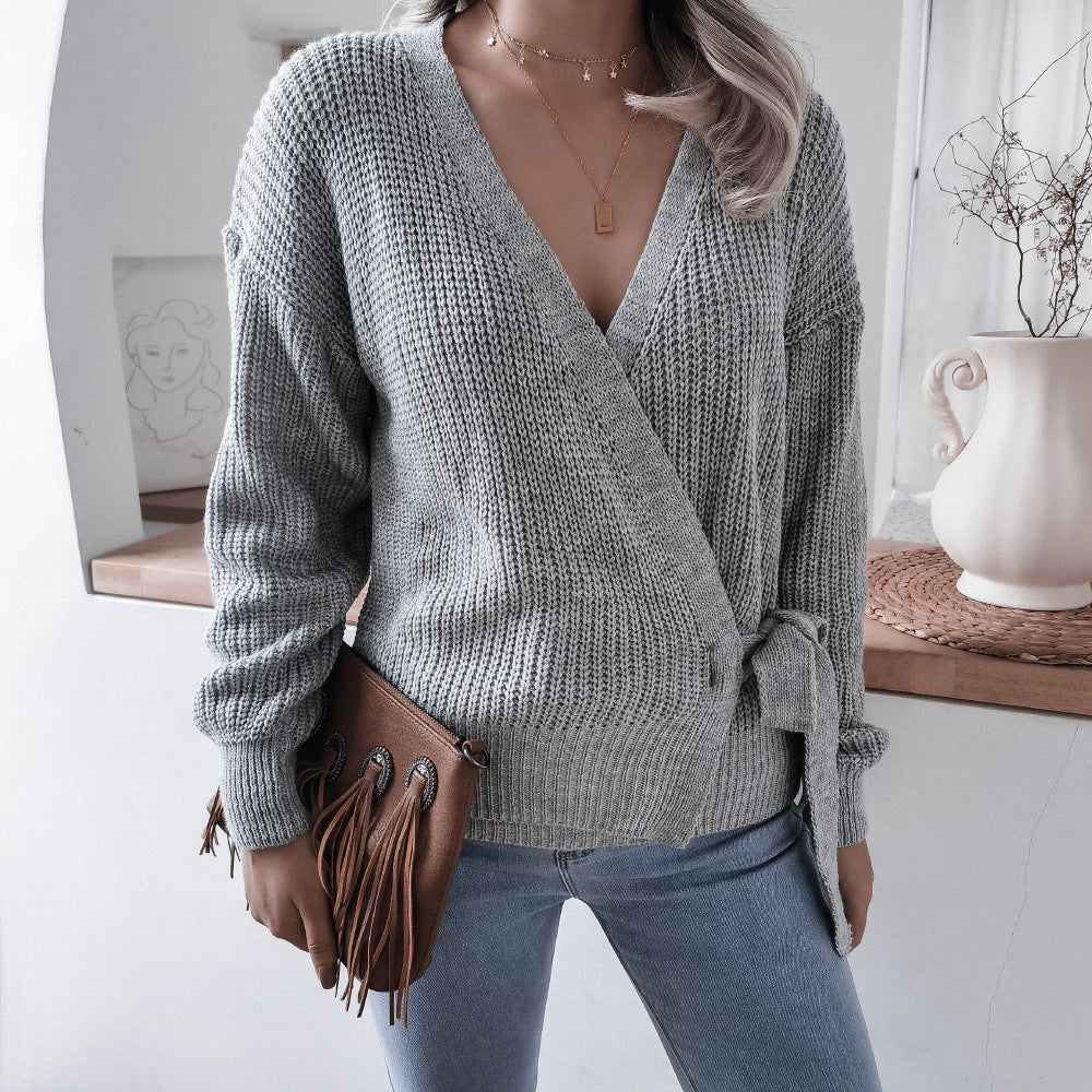 Damen Wickelpullover Strukturiertes Strickdesign mit Bindeband