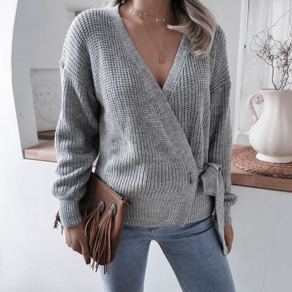 Damen Wickelpullover Strukturiertes Strickdesign mit Bindeband