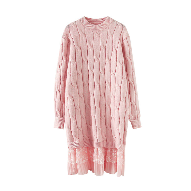Damen Strickkleid Transparenter Rock Zopfmuster