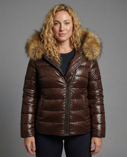 Damen Steppjacke mit Kunstfellkragen Schwarz - Eveloria