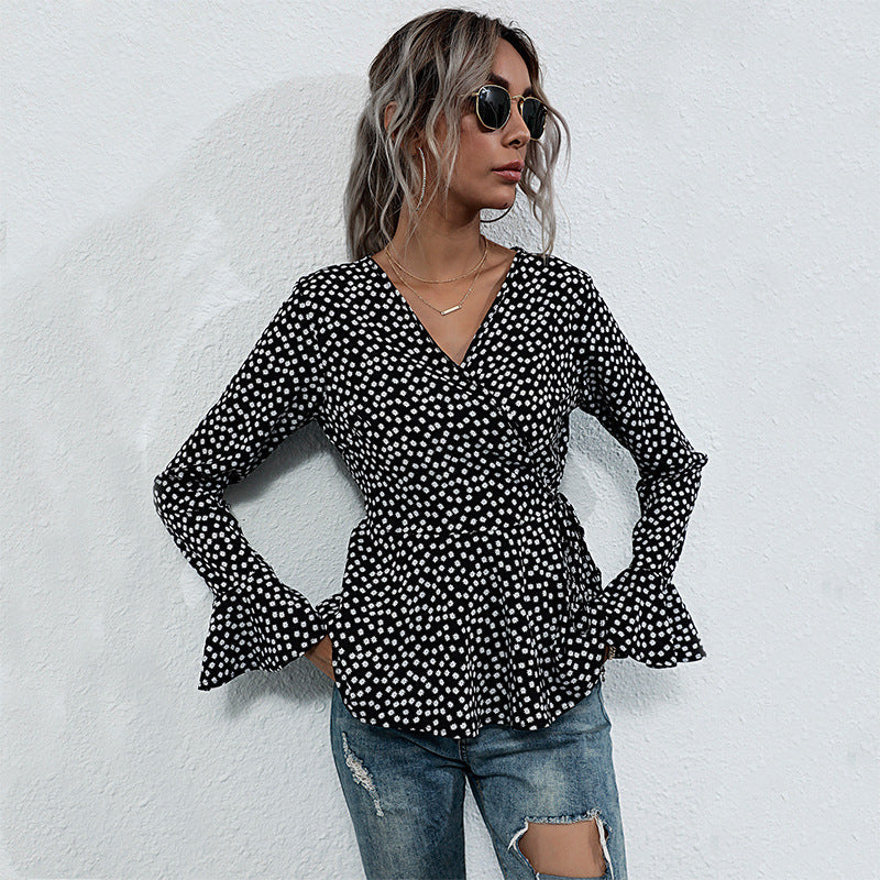 Damen Wickelbluse Voluminöse Flügelärmel Punktemuster