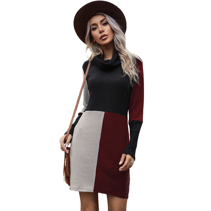 Damen Strickkleid Hochkragen Modernes Farbblockmuster Eveloria