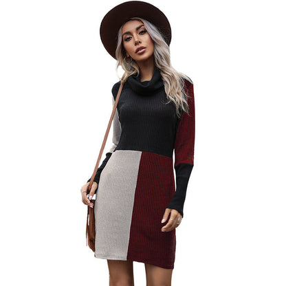 Damen Strickkleid Hochkragen Modernes Farbblockmuster Eveloria