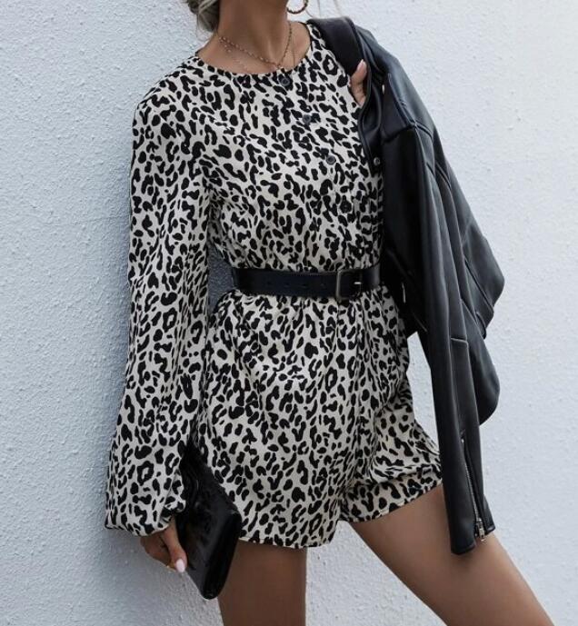 Damen Kurzarm-Kleid mit Puffärmeln Animal-Druck