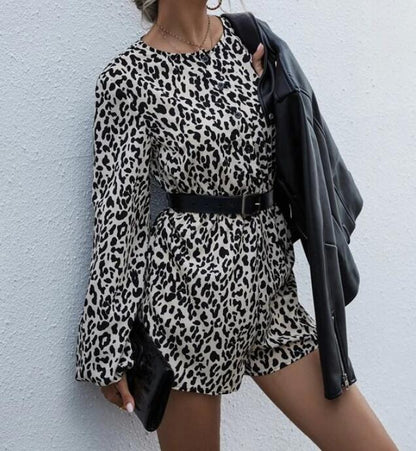 Damen Kurzarm-Kleid mit Puffärmeln Animal-Druck