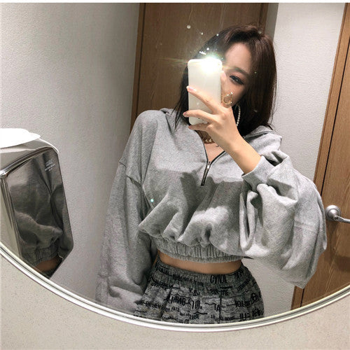 Damen Cropped Sweatjacke Halbhohem Kragen Eveloria