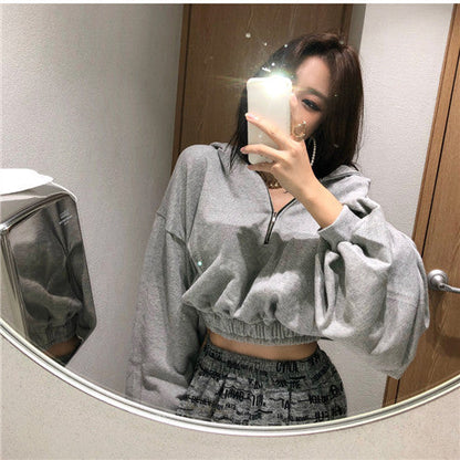 Damen Cropped Sweatjacke Halbhohem Kragen Eveloria