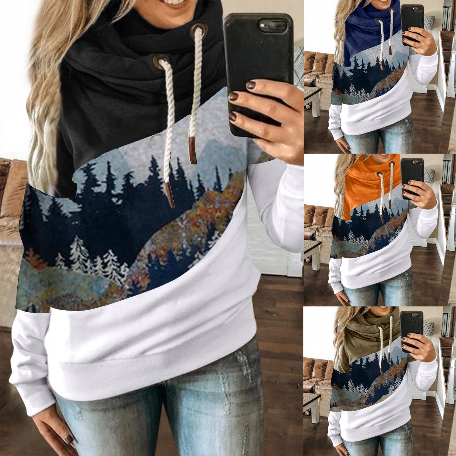 Damen Kapuzenpullover Weiches Innenfutter Berglandschaftsdesign - Eveloria