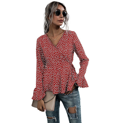 Damen Wickelbluse Voluminöse Flügelärmel Punktemuster