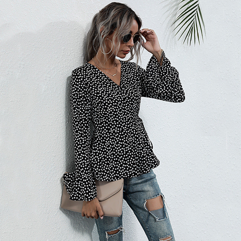 Damen Wickelbluse Voluminöse Flügelärmel Punktemuster