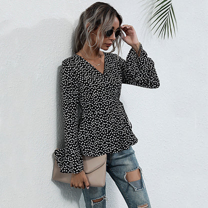 Damen Wickelbluse Voluminöse Flügelärmel Punktemuster