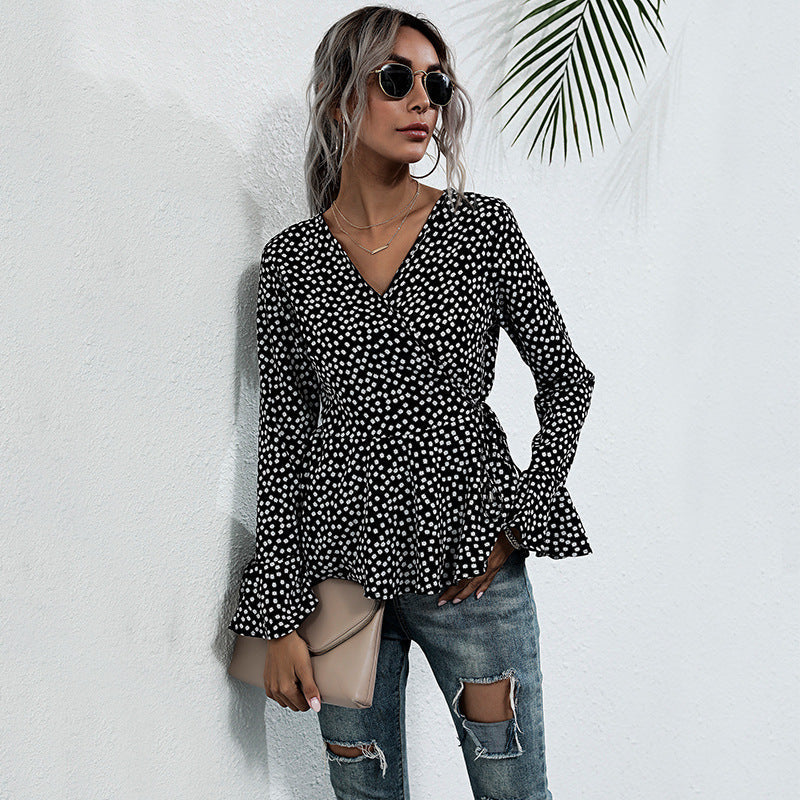 Damen Wickelbluse Voluminöse Flügelärmel Punktemuster
