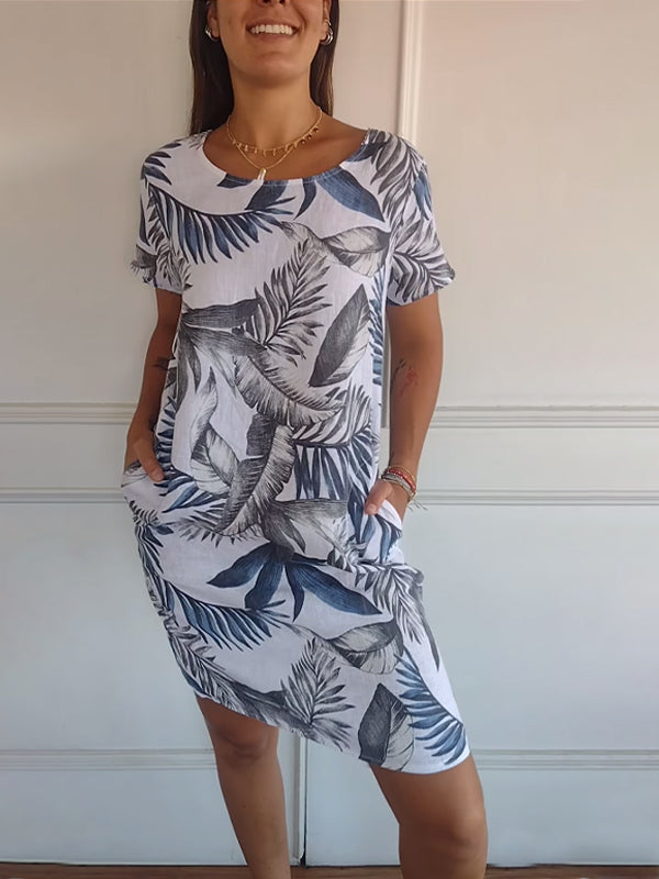 Damen Sommerkleid Blattmuster Leicht Grün
