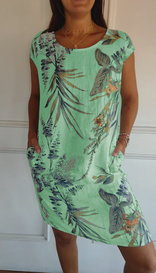 Damen Sommerkleid Blattmuster Leicht Grün