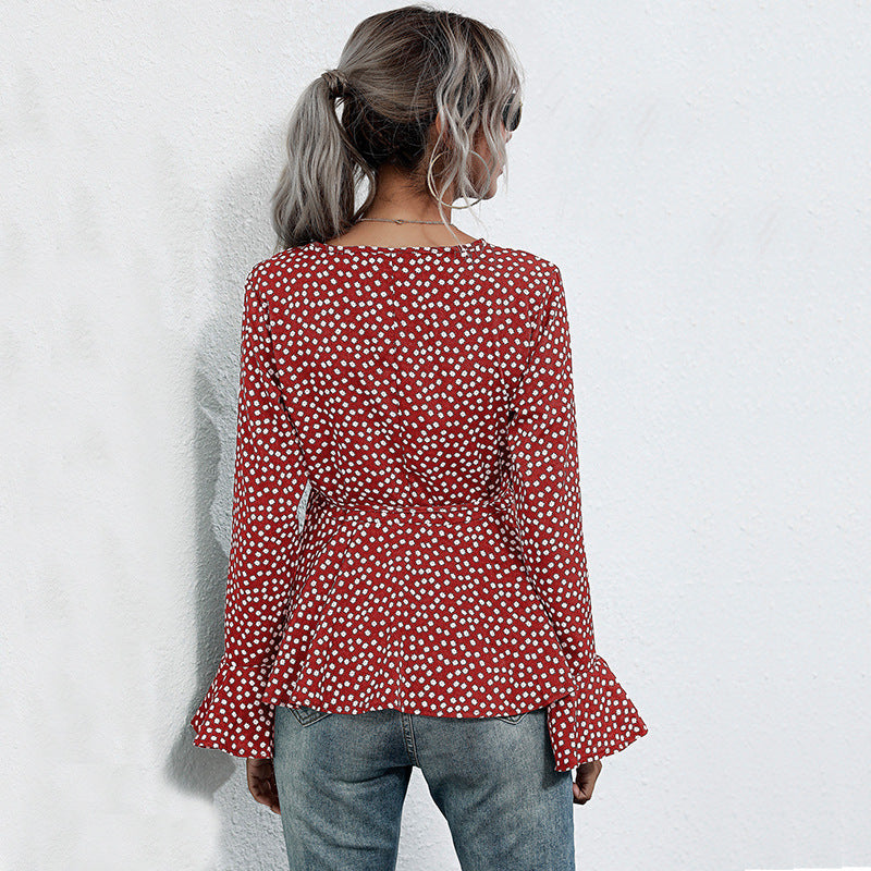 Damen Wickelbluse Voluminöse Flügelärmel Punktemuster