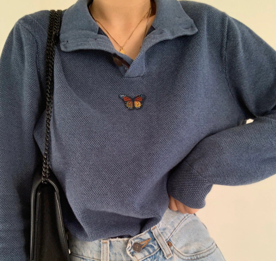 Damen Pullover Waffle-Design mit Schmetterling Stickerei Eveloria