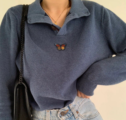 Damen Pullover Waffle-Design mit Schmetterling Stickerei Eveloria