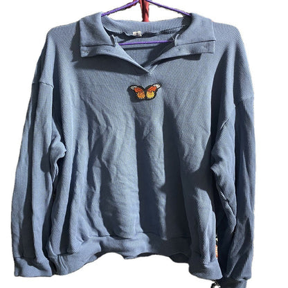 Damen Pullover Waffle-Design mit Schmetterling Stickerei Eveloria