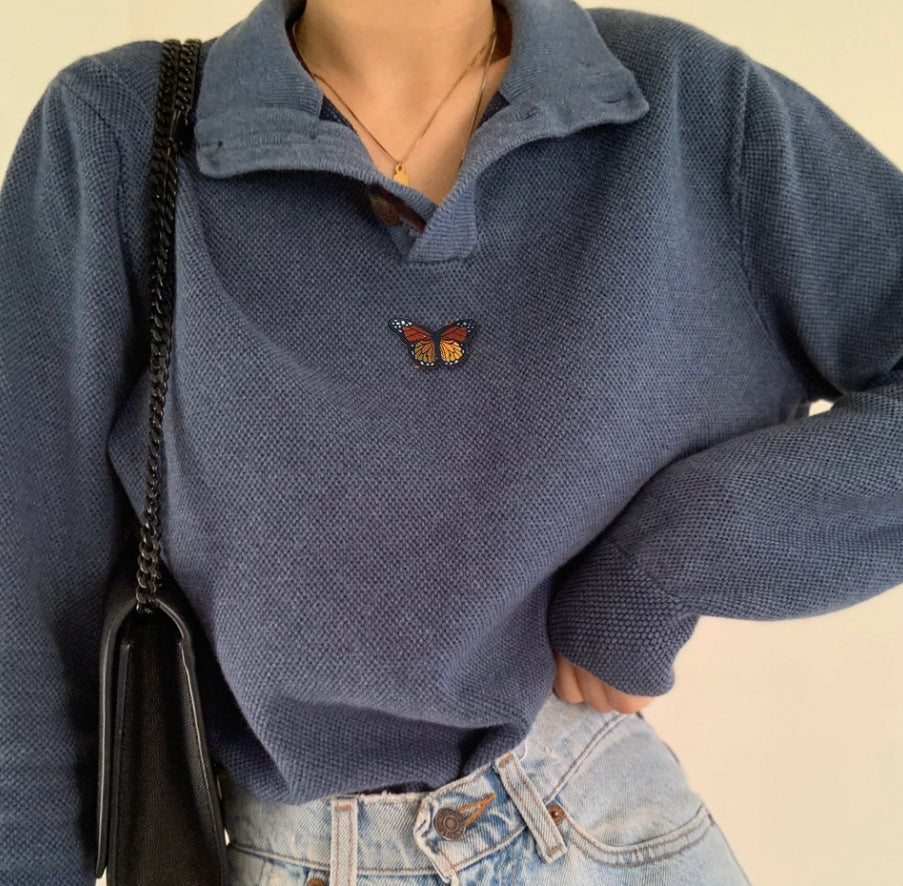 Damen Pullover Waffle-Design mit Schmetterling Stickerei Eveloria