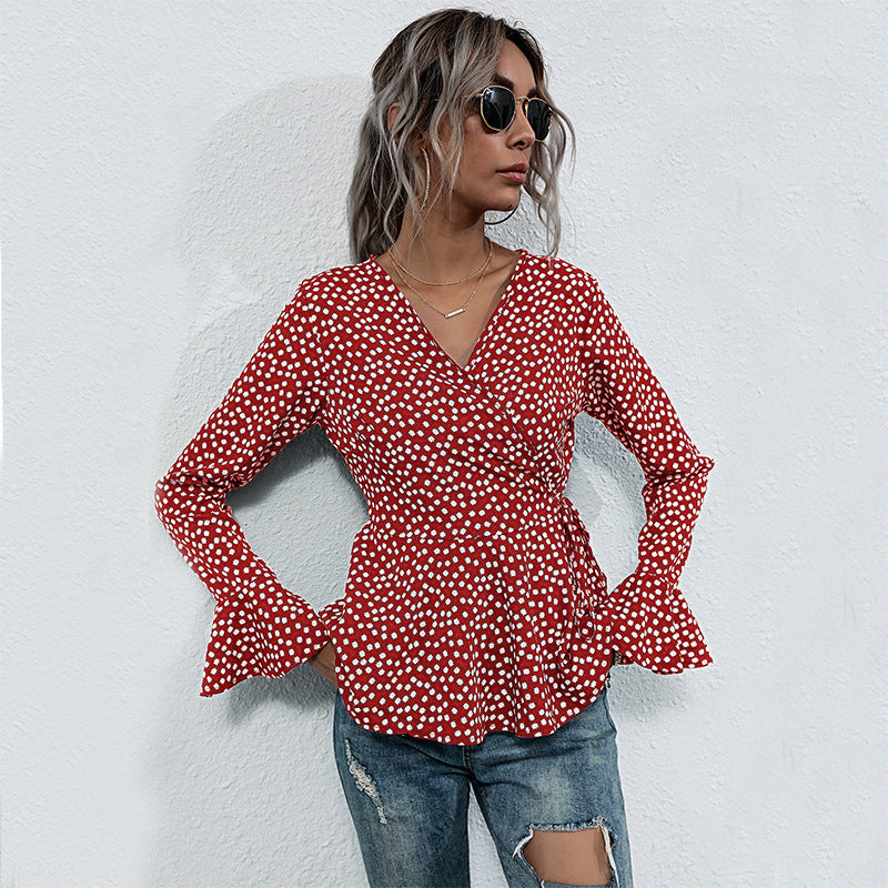 Damen Wickelbluse Voluminöse Flügelärmel Punktemuster