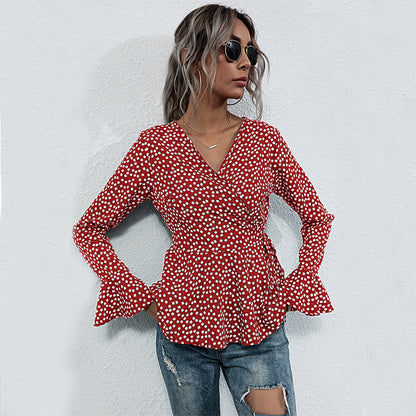 Damen Wickelbluse Voluminöse Flügelärmel Punktemuster