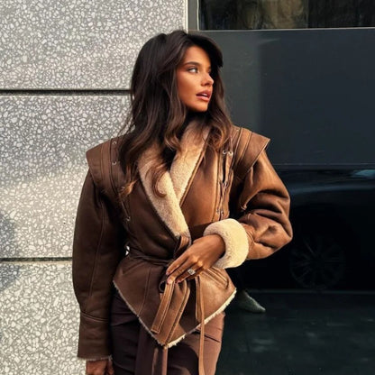 Paloma Damen Kunstlederjacke Teddyfutter Schnürung